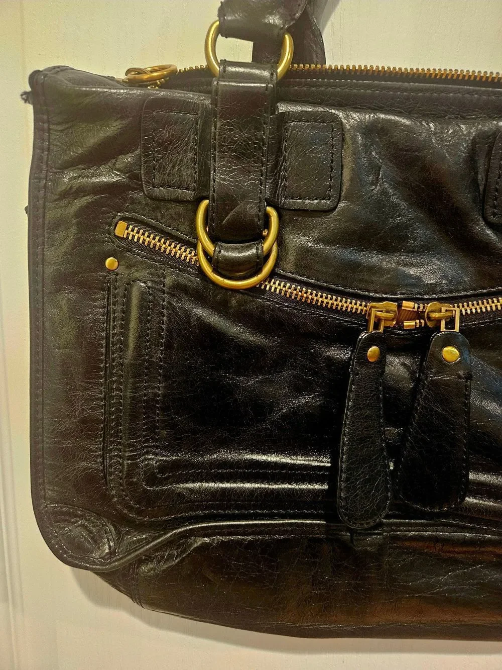 Classic Black Leather Satchel with Gold Hardware